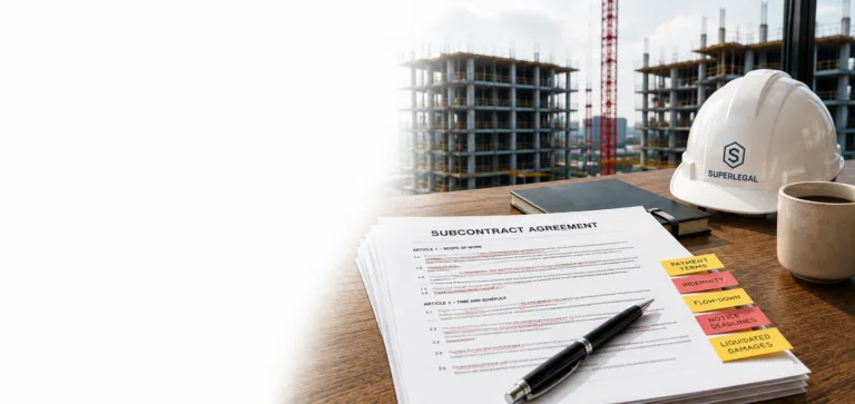 Redlined construction contract with a pen and hard hat