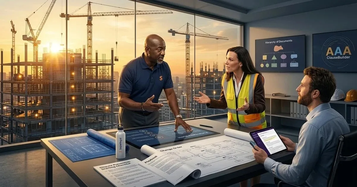 Superlegal team and construction executives in a high-rise boardroom reviewing AI-assisted contract drafting playbooks and American Arbitration Association dispute resolution workflows.